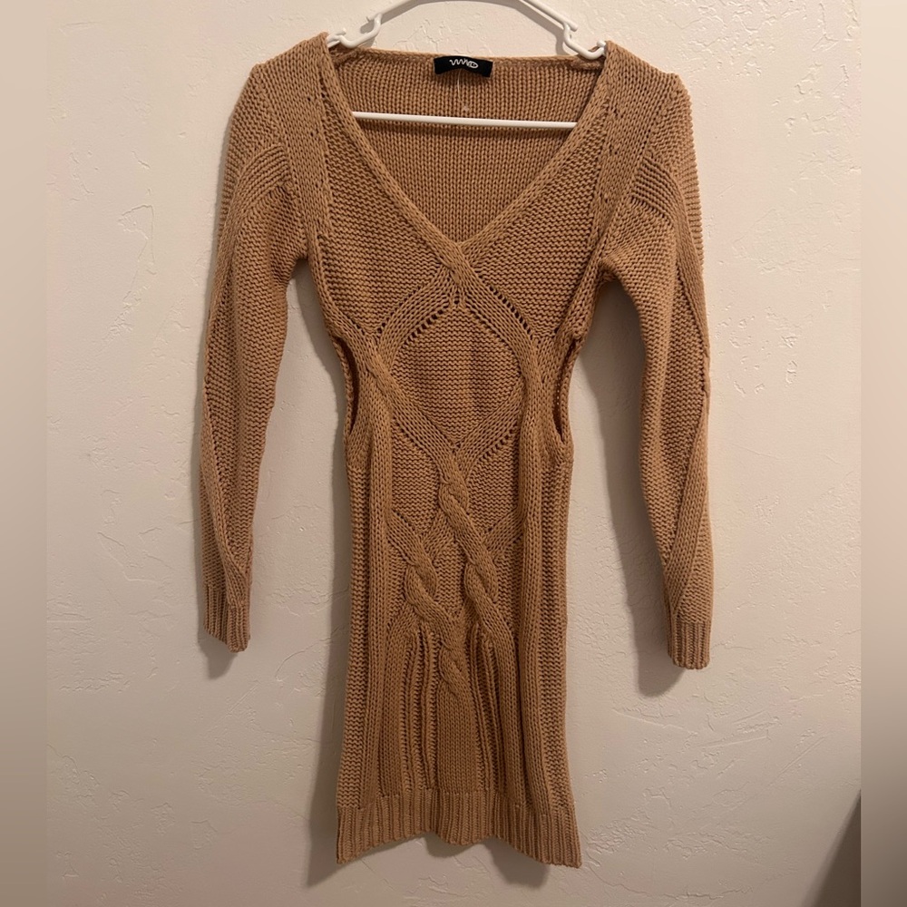 Tan Knit Sweater Dress w Cutouts on side